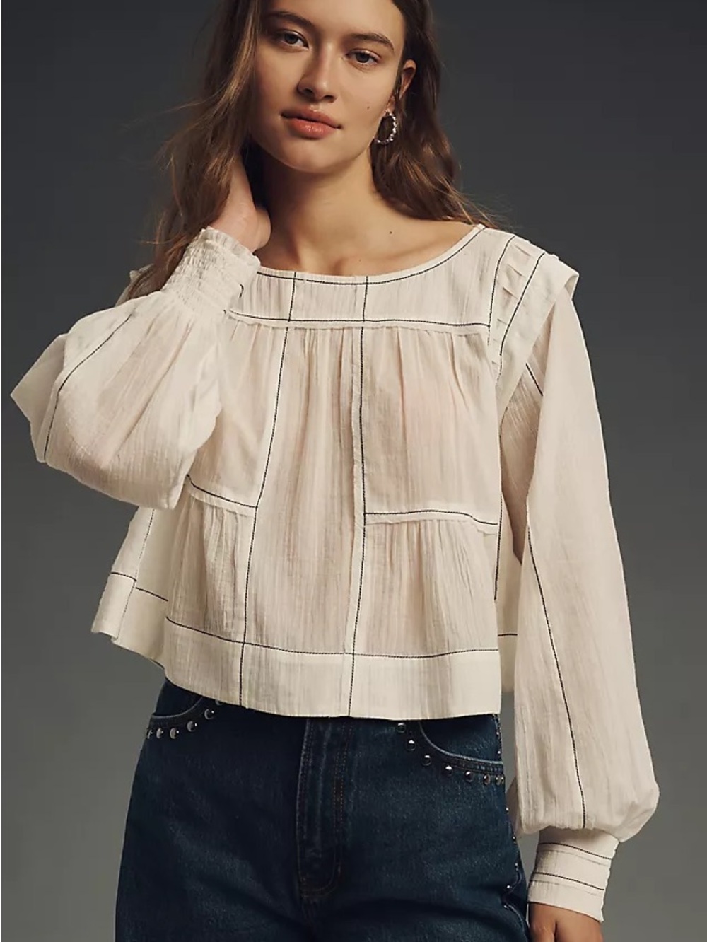 Anthropologie Cream Grid-Trim Peasant Blouse